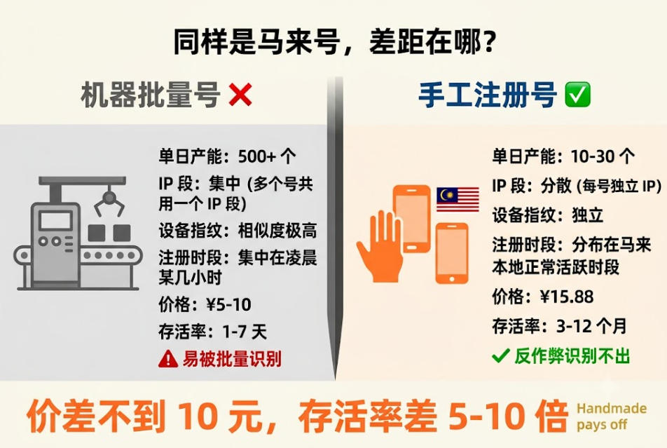 马来西亚TikTok手工注册号与机器批量注册号对比图：IP分散度、设备指纹、注册分数、分数率全面差距