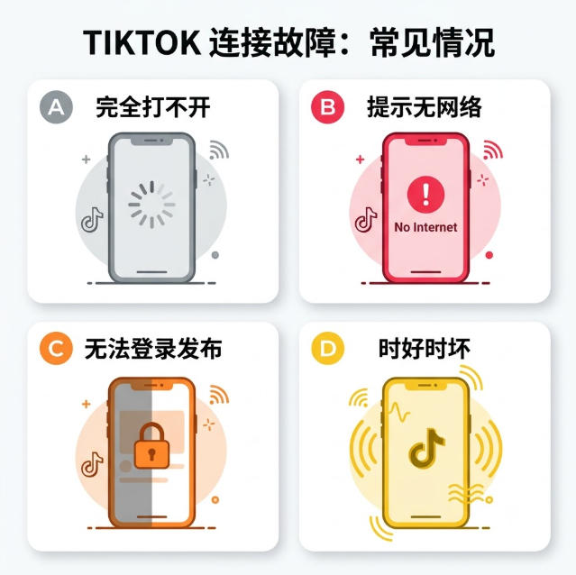 TikTok无法连接网络的4种典型故障情况对比