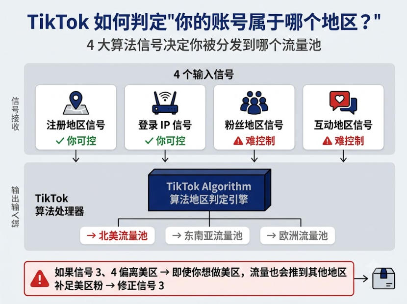 TikTok 算法地区锚定机制示意图：4 大判定信号（注册地、登录 IP、粉丝地区、互动地区）如何决定账号被分发到哪个流量池