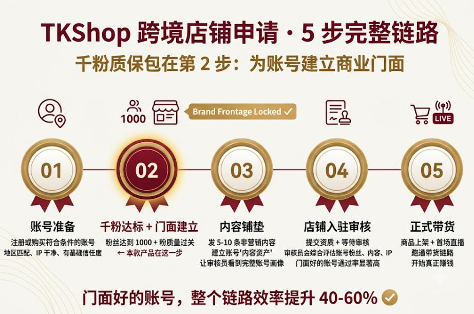 TikTok TKShop 跨境店铺申请完整工作流：账号准备、千粉达标、内容铺垫、店铺入驻、商品上架五步流程，千粉质保包在第二步的关键作用