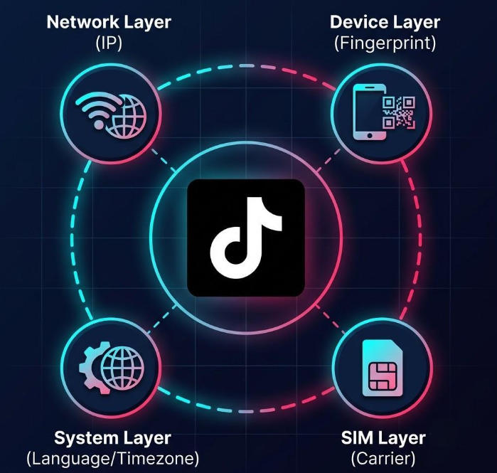 TikTok 风控检测四维度示意图:IP/设备指纹/系统/SIM卡,免拔卡TikTok核心原理