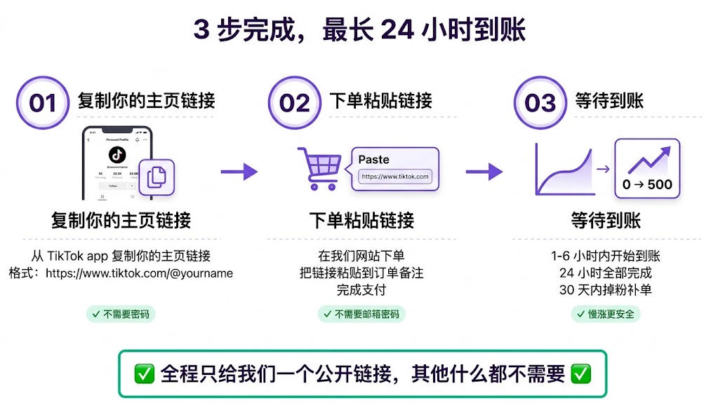 TikTok 500 粉丝服务下单流程图：复制主页链接、提交订单、24 小时内到账，全程不需要密码