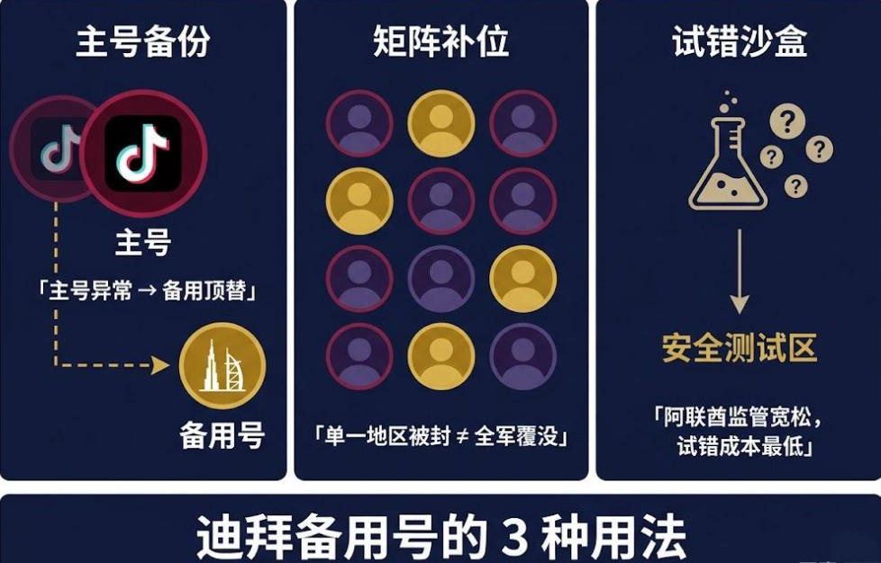 TikTok 迪拜备用号使用场景图：主号备份、矩阵风险分散、宽松监管下的内容试错沙盒