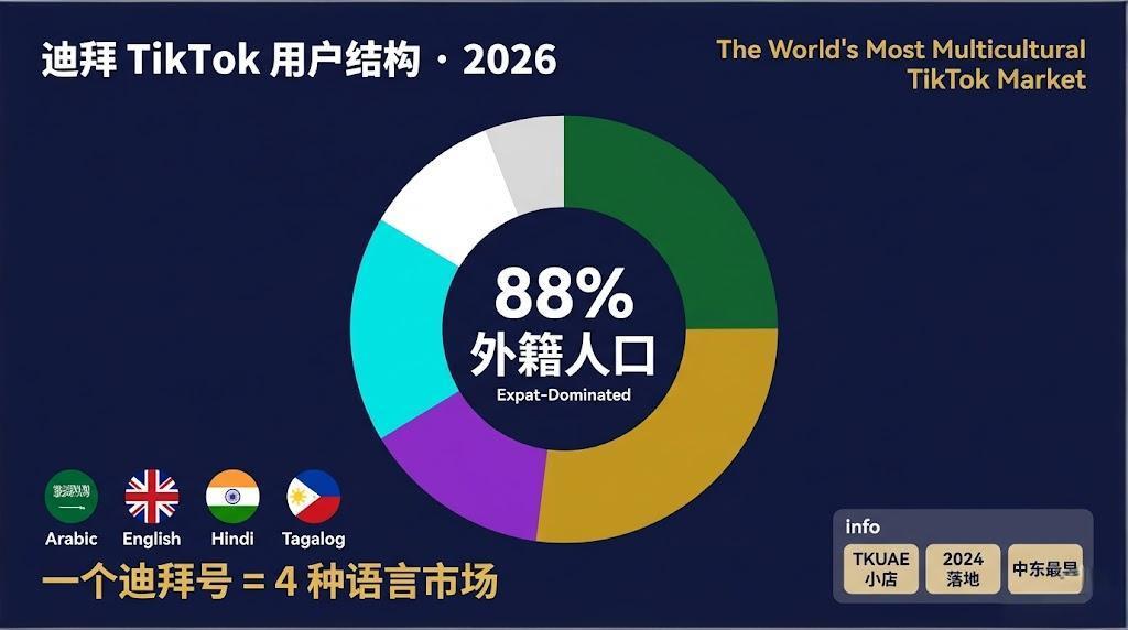 迪拜阿联酋 TikTok 市场数据：88% 外籍人口、阿语英语印地语他加禄语四语市场、TKUAE 小店生态