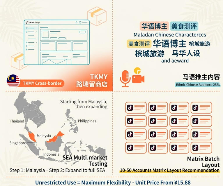 TikTok 马来西亚手工号 4 种使用场景：TKMY 边境小店、马来华语内容、东南亚市场测试、矩阵大规模布局