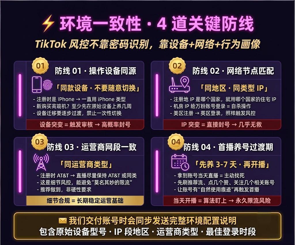 TikTok 万粉账号首播前必须把控的 4 道环境一致性防线:操作设备同源、网络节点匹配、运营商网段一致、首播前 3-7 天养号过渡期